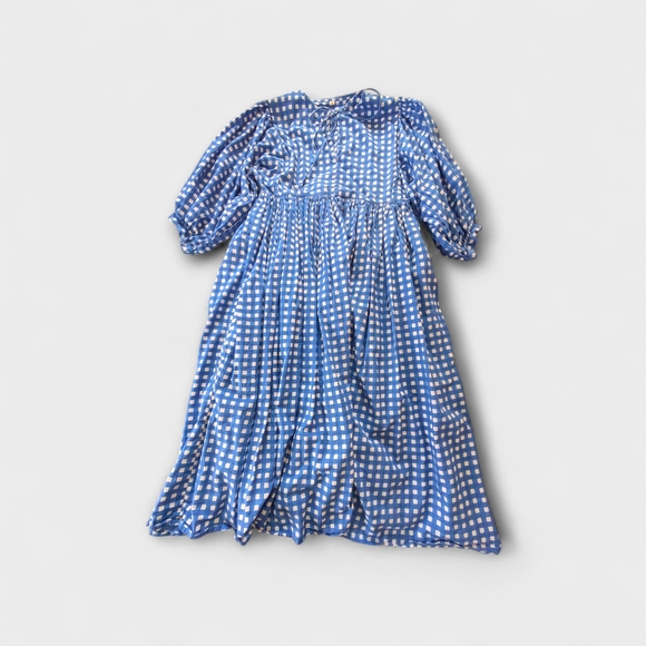 Dresses & Skirts - Blue Gingham Midi Dress S 100% Cotton Pockets Puff Sleeve Cottagecore Prairie